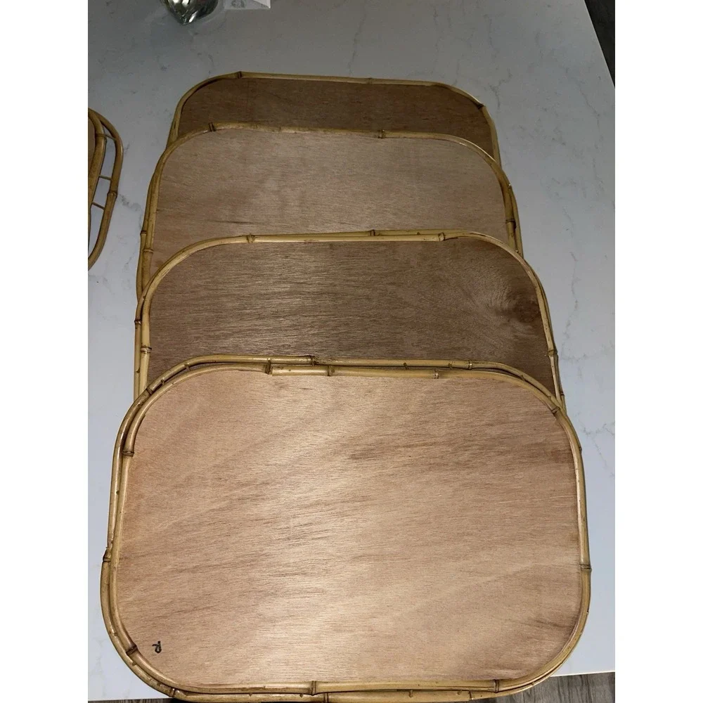 Vintage Mid Century Wicker Rattan Bamboo‎ Serving Trays Tiki Lap Stacking- 8